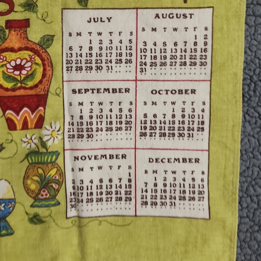 Vintage 1980 Calendar Kitchen Prayer Tea Towel Light Green